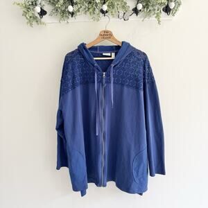 logo by lori goldstein Blue 2X Full Zip Crochet Hooded Sweater MM5564 lounge